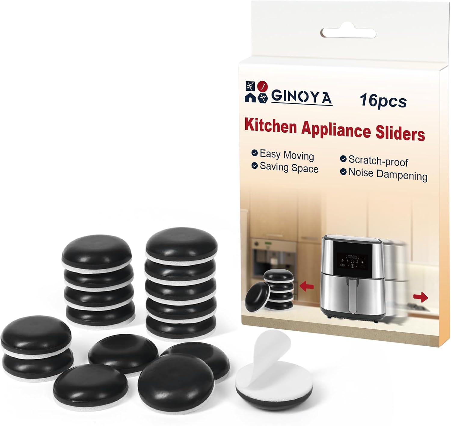 GINOYA Kitchen Appliance Sliders，16pcs Adhesive Invisible Accessories for Ninja Air Fryer, Bread Machine, Coffee Makers, Blenders, Aid Mixer and Pot (Black)