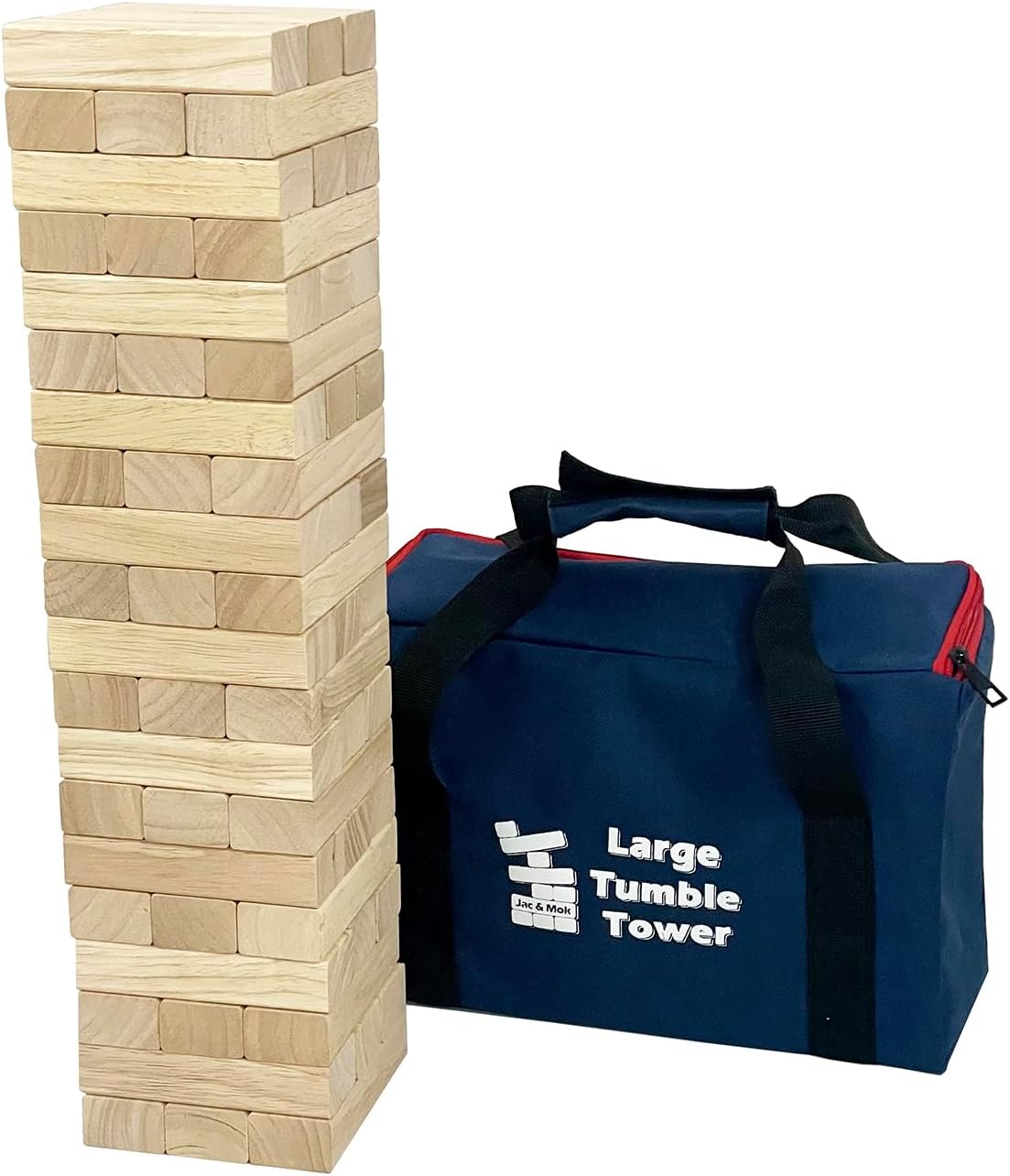 Jac & Mok Tumble Tower Wooden Toppling Blocks Game set,Large Table Top Stacking Timber Games with Carrying Bag (60 pcs Large Tumble Tower, Hardwook Rubber wood)