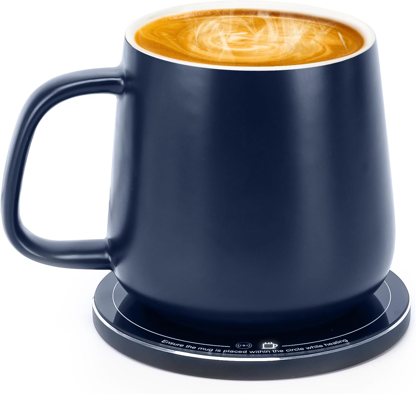 APEKX Self-Heating Ceramic Coffee Mug - Stable 130°F Temperature, 15W Wireless Phone Charging, 12.8 fl oz Capacity - USB-C Enabled. (Deep Navy)