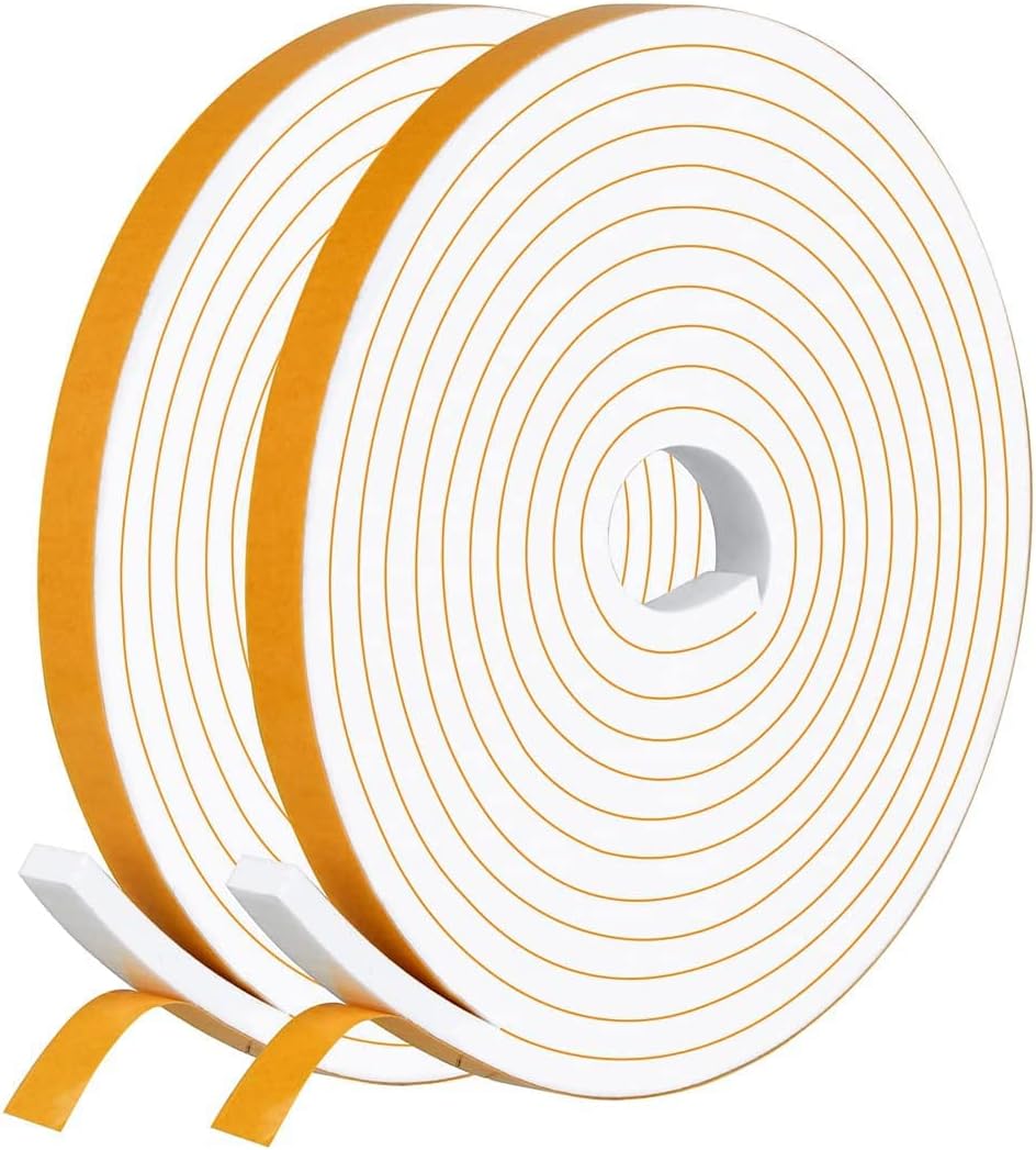 Draught Excluder Self Adhesive Foam Tape 6mm(W) x 3mm(T) Window Door Weather Stripping SoundProof Weather Strip Tape Seals for Gap Seal,2 Rolls, Total 20M Long White