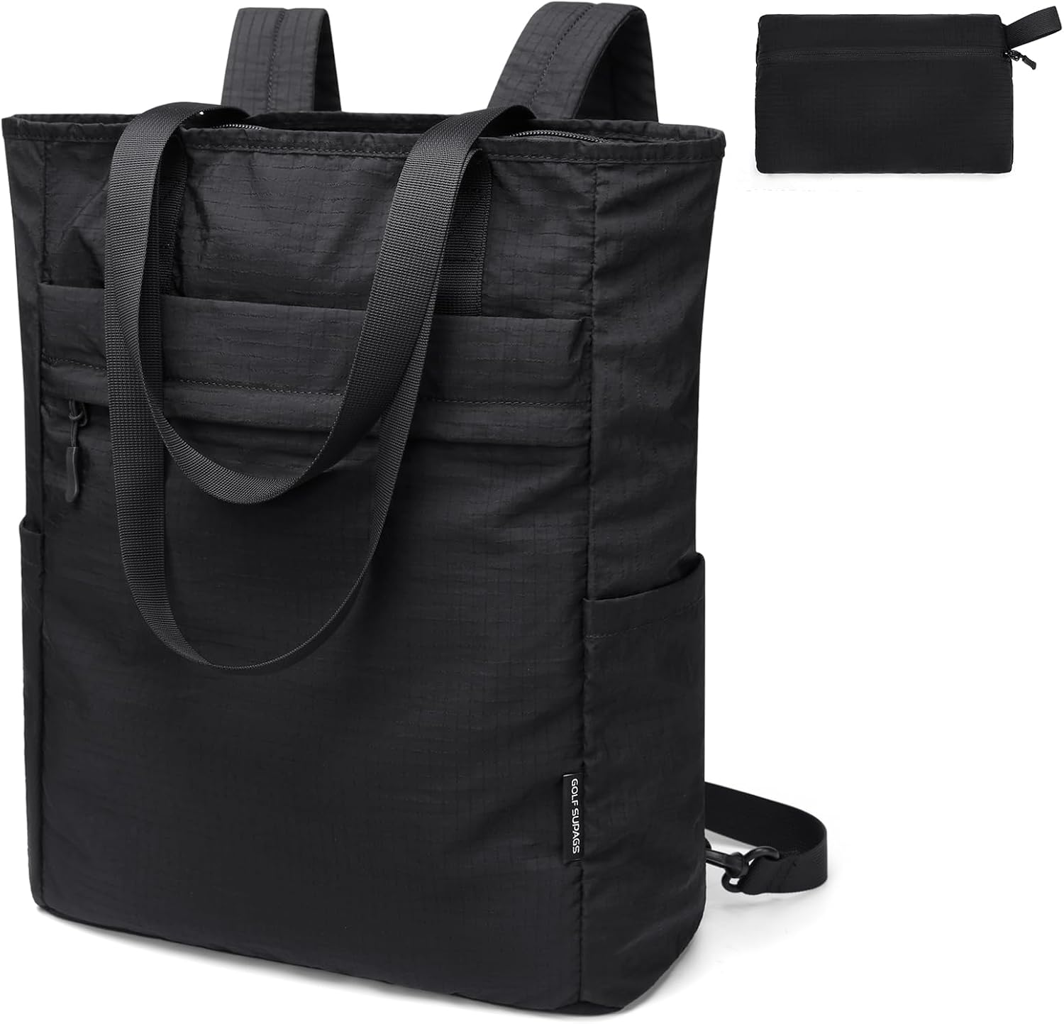 GOLF SUPAGS Foldaway Convertible Tote Backpack Lightweight Nylon Daypack Women Men City Pack Versatile Backpack Leisure, Black