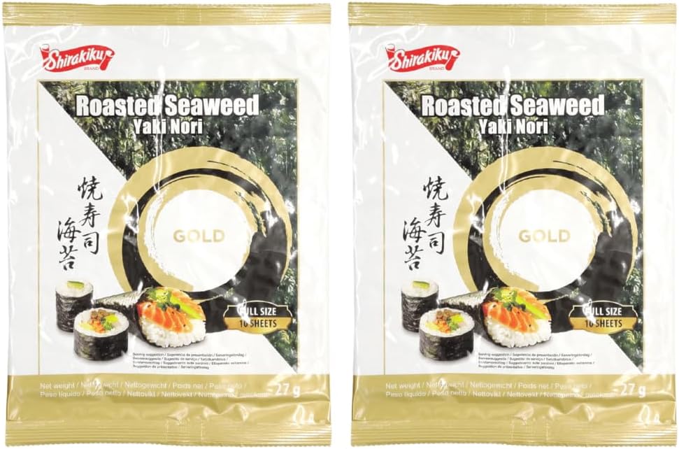 Shirakiku Japan Premium Roasted Sushi Nori Sheets - 10 Sheets Gold 27g (Pack of 2) - Perfect for Sushi, Rolls, and Asian Cuisine