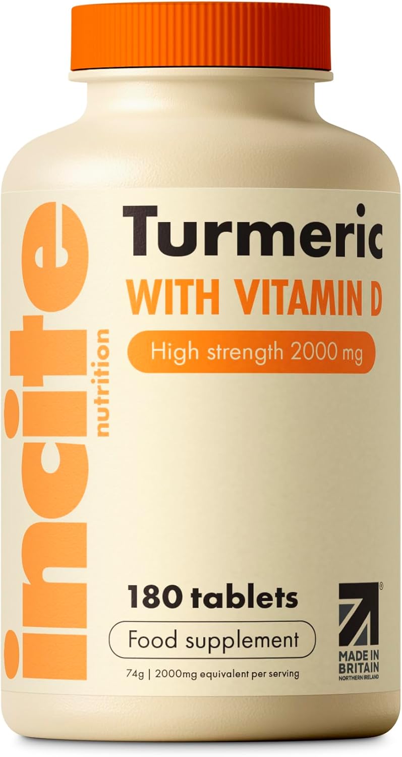 Incite Nutrition Turmeric Tablets 2000 mg. 3 Month Supply of High Strength Curcumin with Vitamin D. Antioxidant, Anti-Inflammatory, Immune System Support. Non-GMO and Suitable for Vegetarians