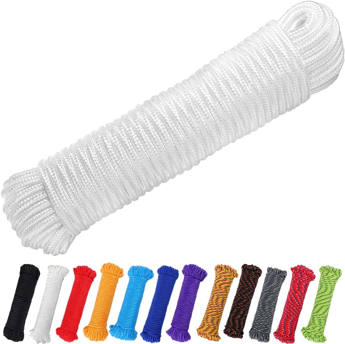 90 ft 1/4 inch (7mm) Polyester Rope (Nylon - Like Durability) Poly Flag Pole Clothes Line Camping Utility Good for Tie Pull Swing Climb Knot (White)