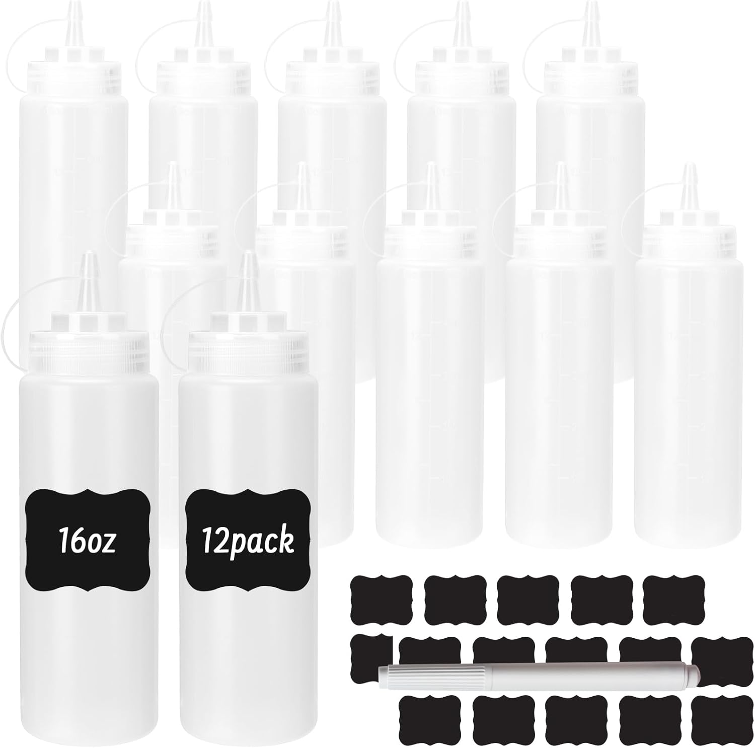 DHSBTLS 16 oz Plastic Squeeze Bottles, 12 Pack Clear Condiment Squeeze Bottles with Tethered Caps, Ketchup Bottles for Sauces, Perfect for Condiments, Oil, Icing, Liquids, with 20 Stickers and 1 Pen
