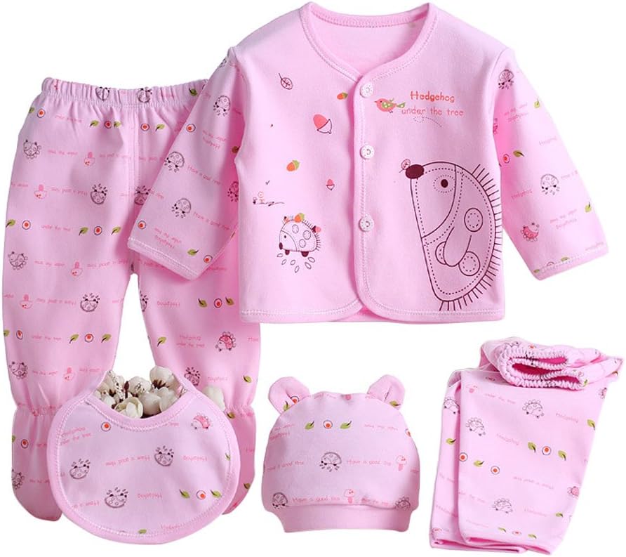 5PCS Newborn Baby Boys Girl's Cotton Grow Top Hat Pants PlaySuit Sets Outfit