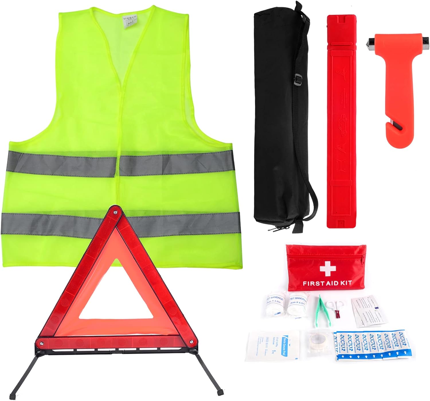 Car Emergency Kit, Warning Triangles for Cars, Roadside Assistance Tool Kit Car Breakdown Tool Set with Warning Triangle Visibility Vest First Aid Kit Safety Hammer for European France Driving Travel