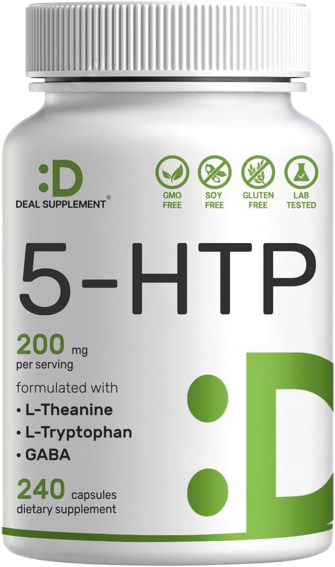 5-HTP 200mg Per Serving, 240 Capsules, 98% African Derived Griffonia Seed Extract | 4 in 1 Formula | Plus Active L Theanine, L Tryptophan, & GABA | Relaxation Support