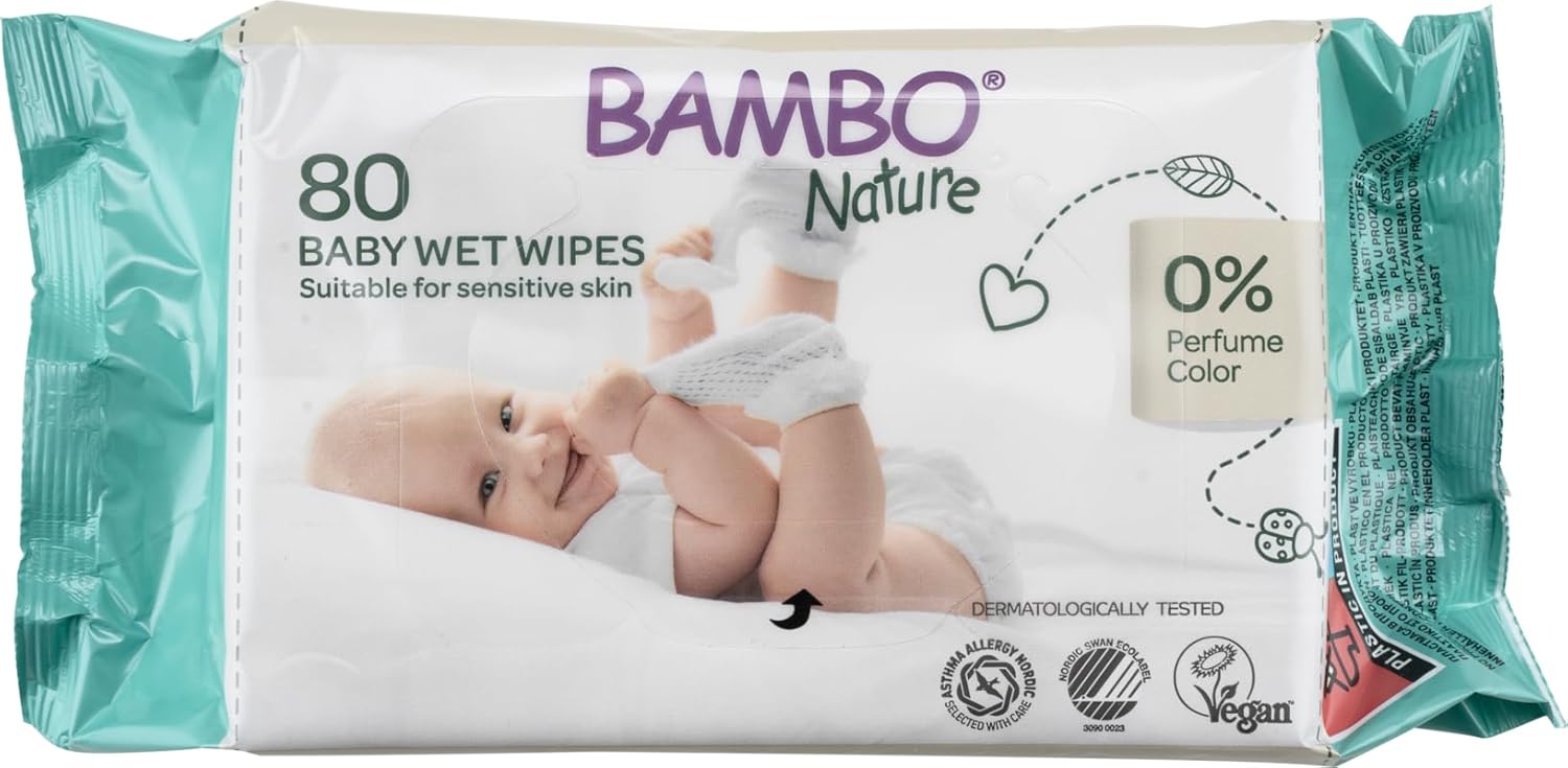 Bambo Nature Wet Wipes, Newborn Essentials, Eco-Labelled Baby Wipes, Gentle & Soft Wipes, Moisturising & Skin-Friendly Wet Wipes For On The Go, Sustainable Baby Essentials For Newborn - 80 Wipes