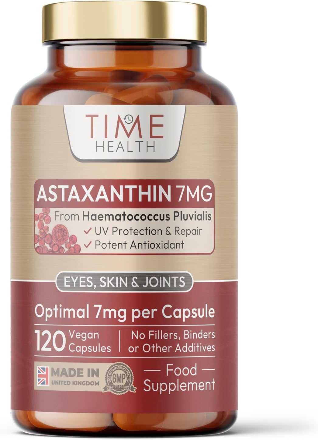 Astaxanthin 7mg - Haematococcus pluvialis - 120 Capsules - UK Made | Natural astaxanthin from Haematococcus pluvialis in additive-free capsules - four-month supply