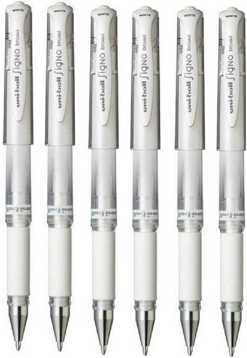 Uni Ball White Signo Pen Broad Metallic Gel Ink Rollerball Metal 1mm Tip Nib 0.65mm Line Width With Rubber Grip UM-153 (Pack Of 6)