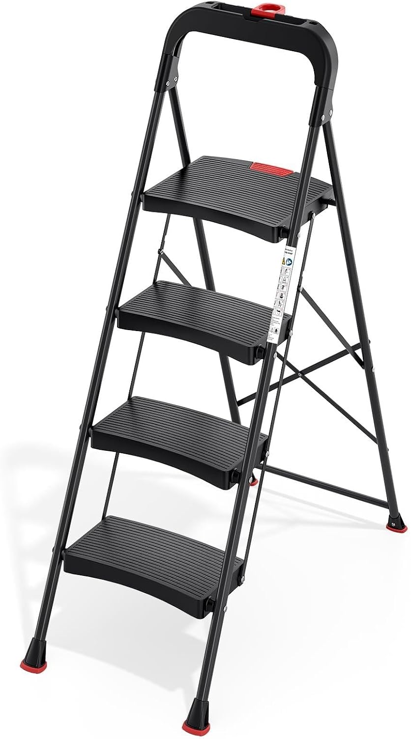 TOOLF 4 Step Ladder Folding Step Stool, Heavy Duty Steel Ladder with Tool Tray, Anti-Slip Wide Pedal, Portable Step Ladder for Home Kitchen Garage, 800 lbs Capacity, Black