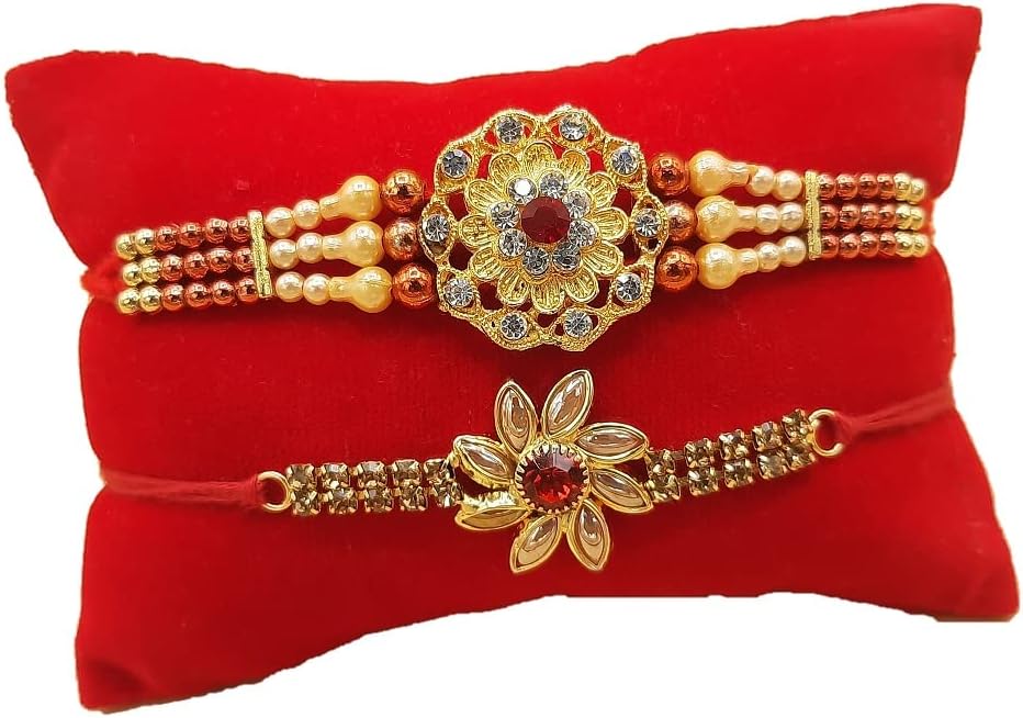 Rakhi brass Bracelet, Unique designer Rakhi, Rakhi celebration with your Brother, Bhabhi/Sibling, Sister, Father & Family. Set of 2 (Fancy Rakhi with beautiful stones, Small)
