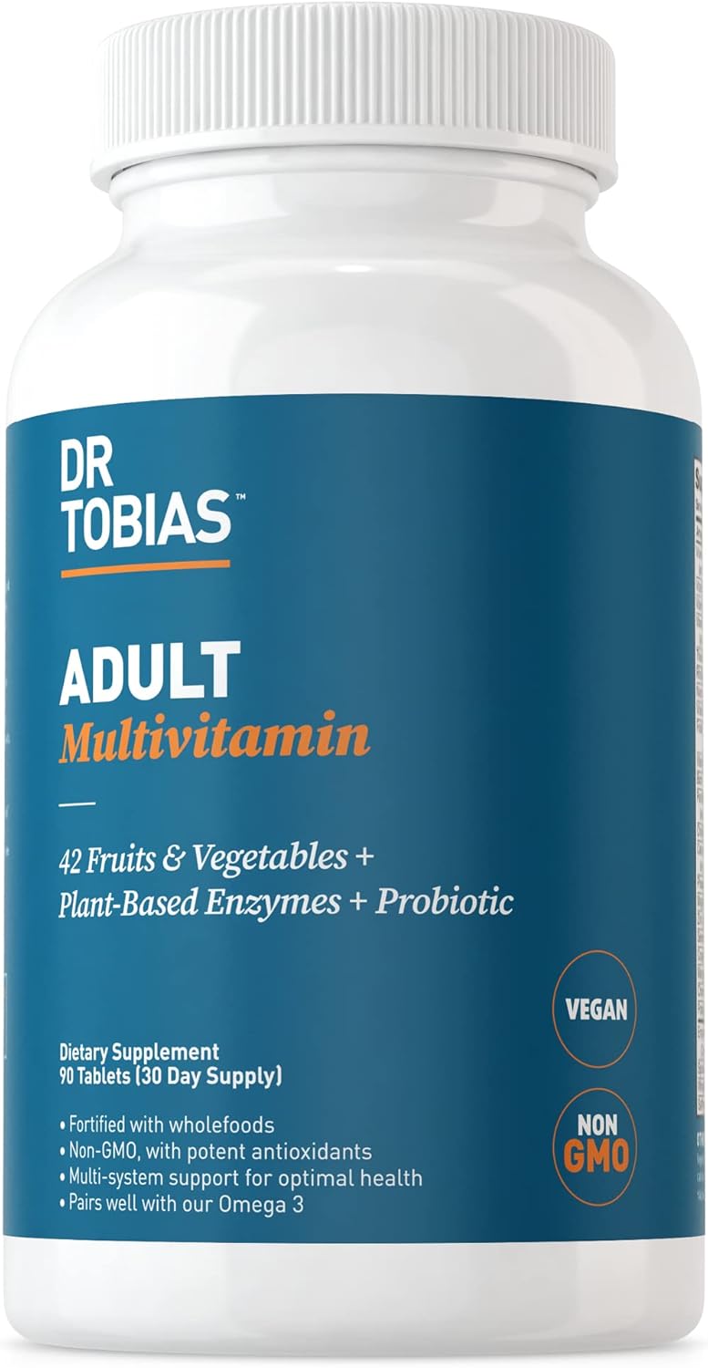 Dr. Tobias Adult Multivitamin for Women & Men, Immune Supporting Vitamins from 42 Fruits, Vegetables, Plus Probiotics, Vegan Multivitamins for Men & Women, Non-GMO, 90 Tablets, 30 Servings
