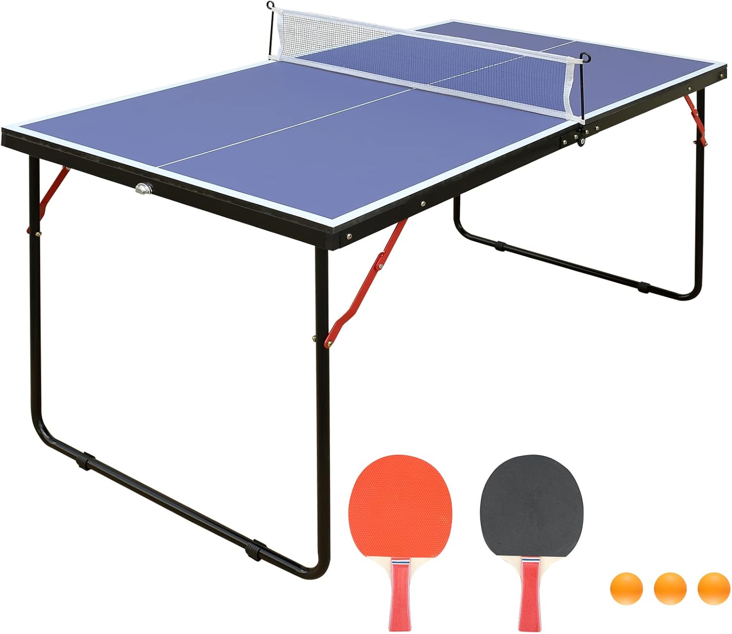 REXOUS Midsize Folding Ping Pong Table Game Set, Portable Indoor Outdoor Table Tennis Table with 2 Paddles, 3 Balls and Net