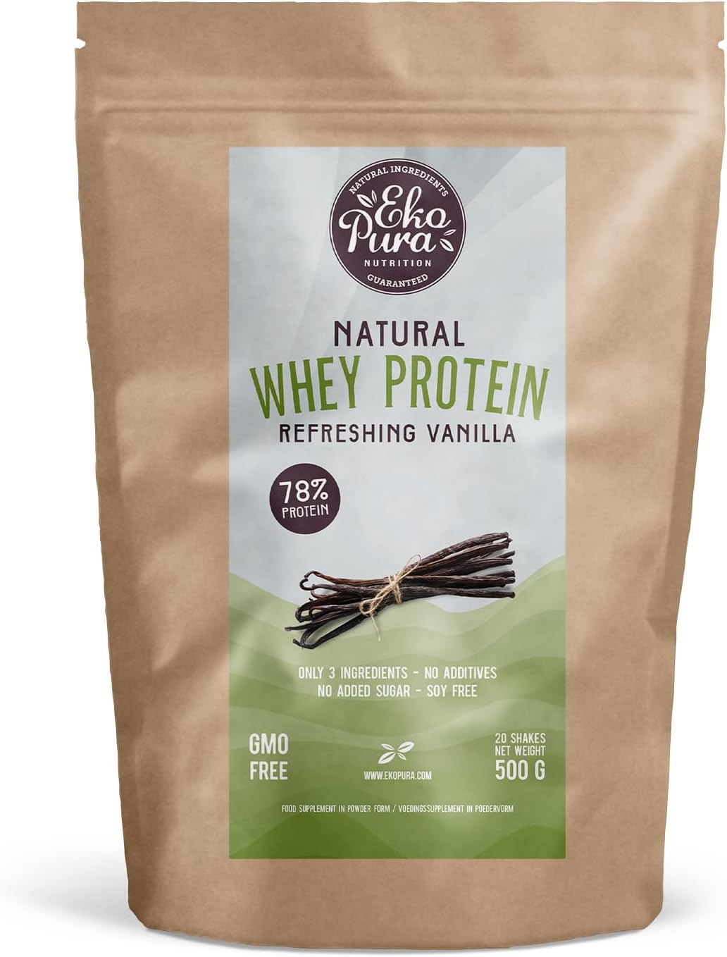 Ekopura Natural Whey Protein - Vanilla - 500g | 78% Protein | 100% Natural Grass Fed Whey | Free from: Hormones, GMO’s, Soy, Additives, Added Sugar | Supports Muscle Growth and Recovery