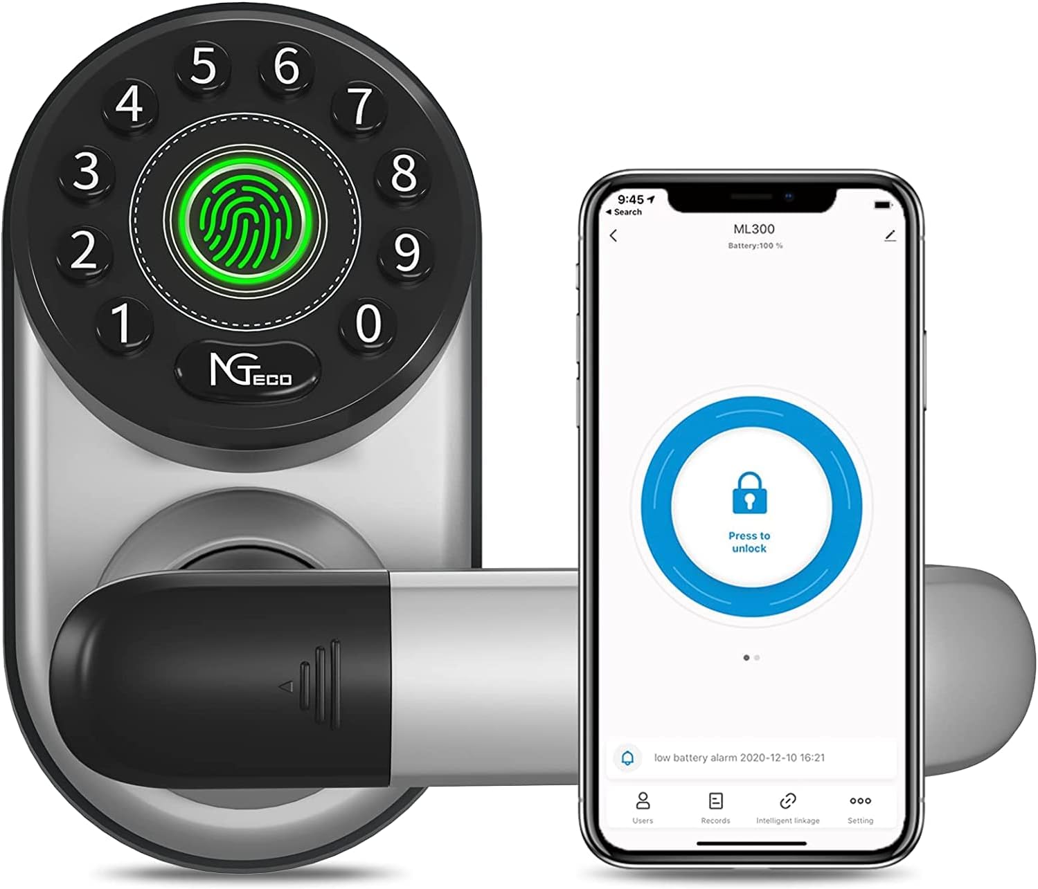 NGTeco Smart WiFi Fingerprint Keyless Entry Door Lock, Silver, Biometric