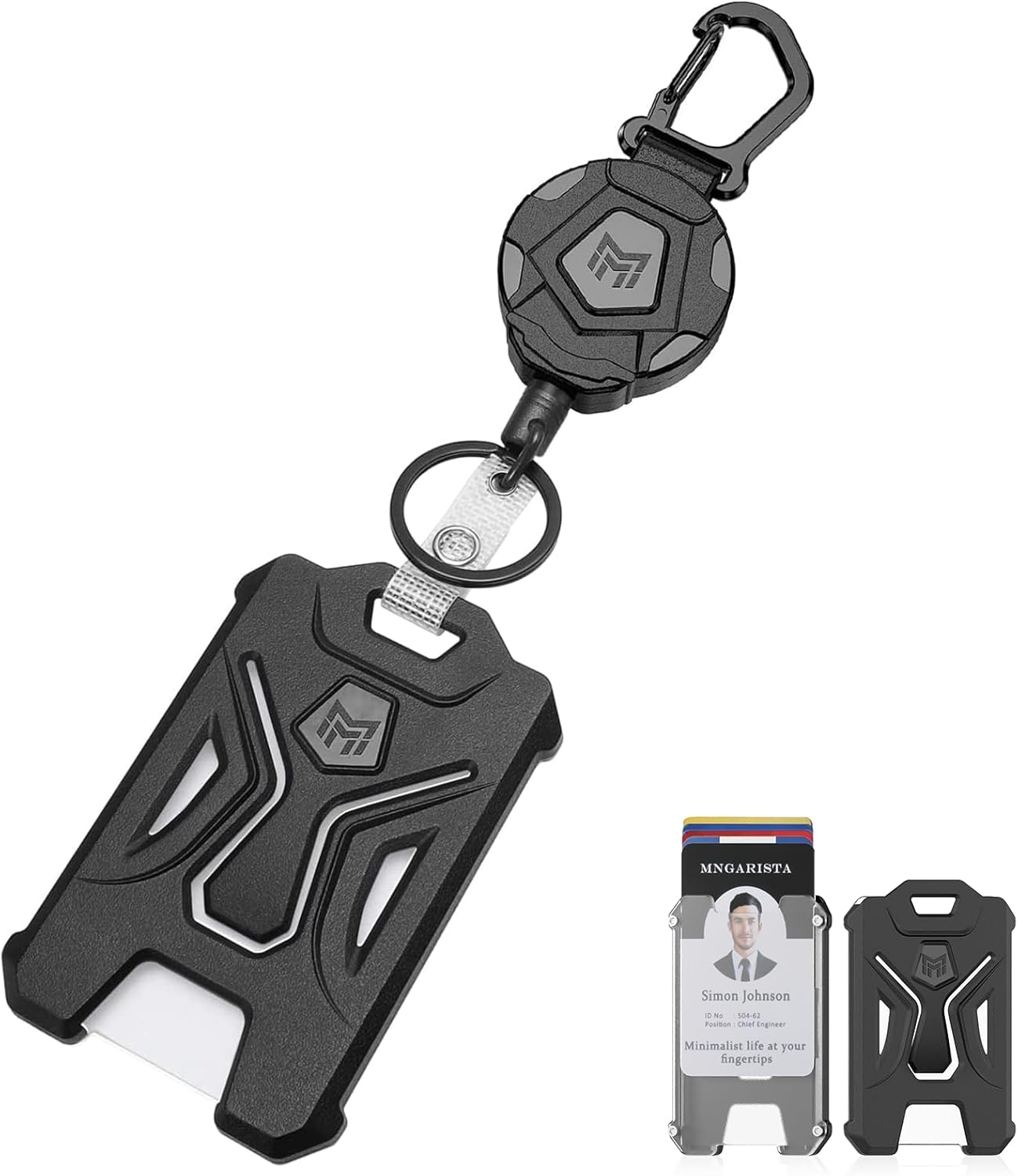 MNGARISTA Retractable Badge Holder, Heavy Duty Carabiner Keychain, Tactical ID Card Holder with 31.5" Retractable Badge Reel, Black
