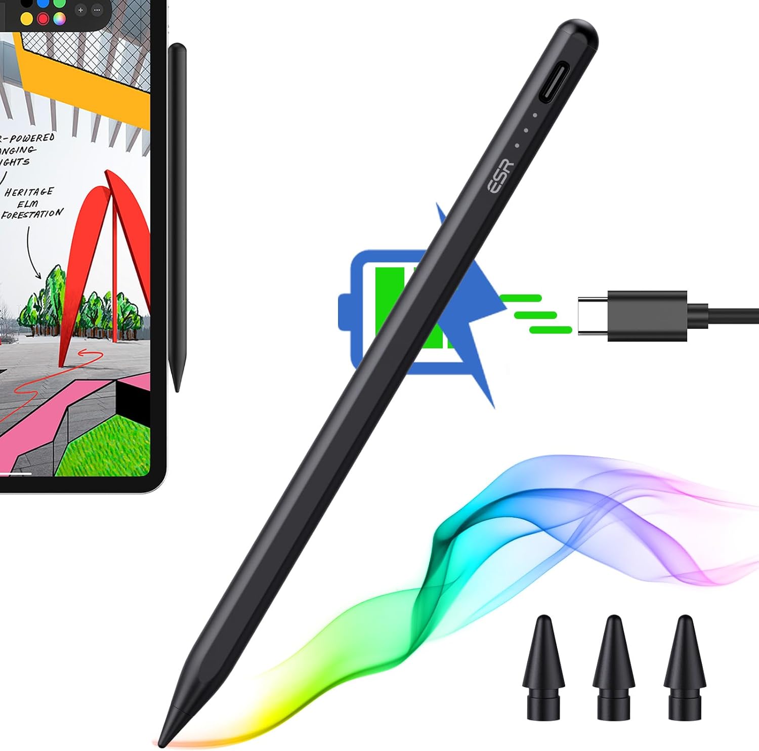 ESR Stylus Pencil for iPad 9th/10th Generation, iPad Pencil with Tilt Sensitivity, Palm Rejection, Stylus Pen Compatible with 2018-2022 iPad Pro 12.9/11 Inch, iPad Air 5th/4th, iPad Mini 6/5, Black