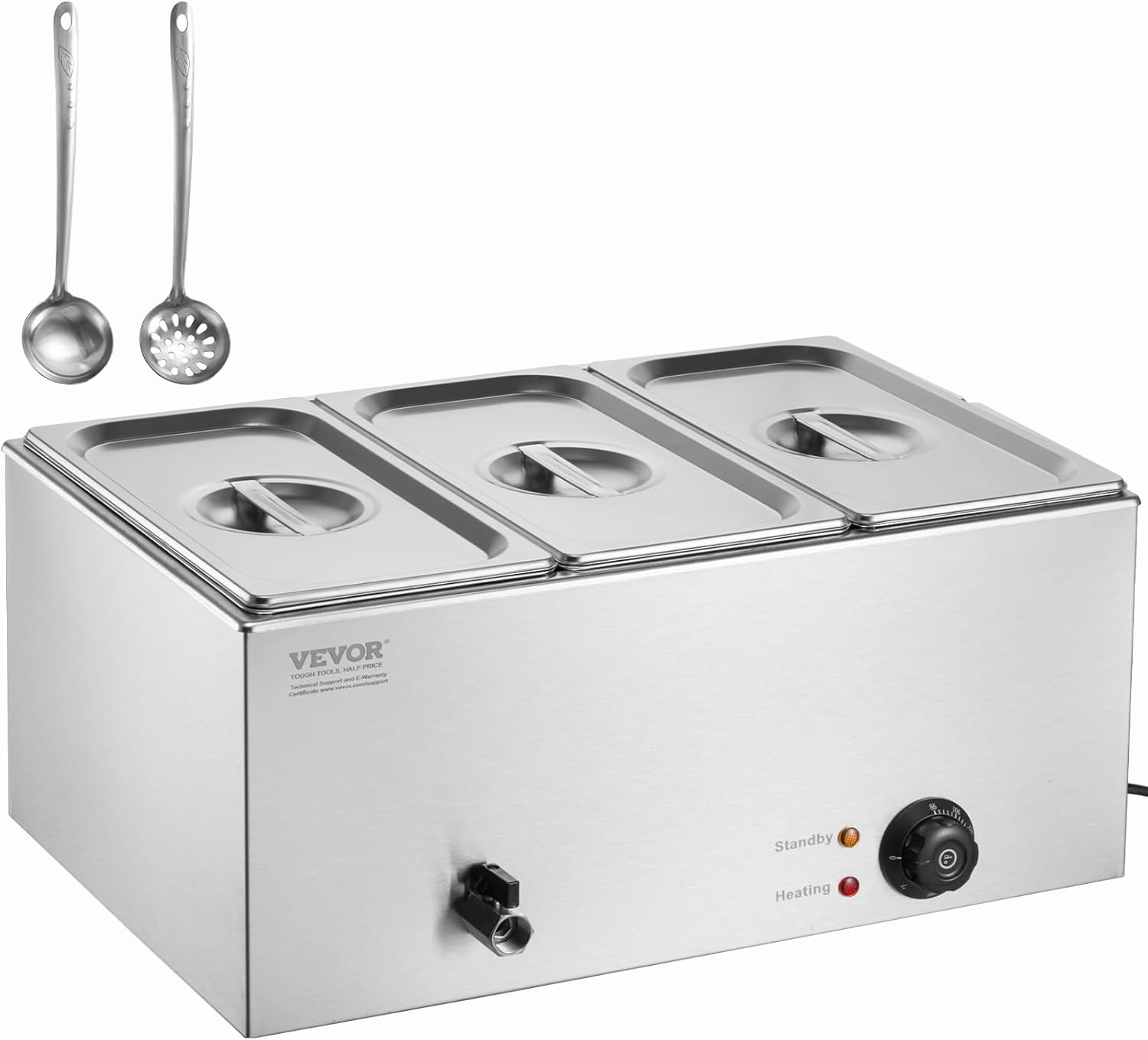 VEVOR 3-Pan Commercial Food Warmer, 24QT Electric Steam Table, 1200W Professional Countertop Stainless Steel Buffet Bain Marie with 86-185°F Temp Control for Catering and Restaurants, Silver