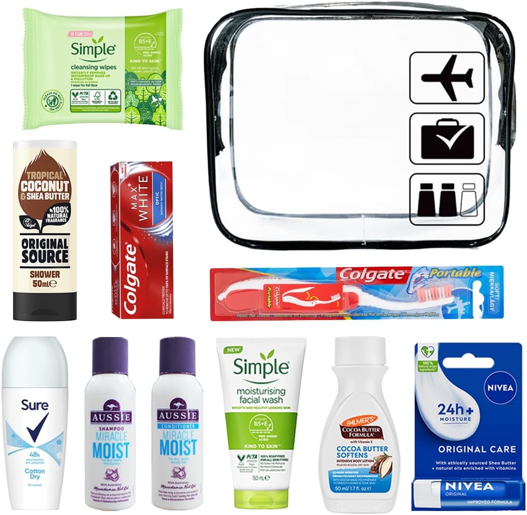 Travel Toiletries Set for Women - Mini Toiletries Kit for Holidays, Hospital, Overnight Stays, Airport Security Approved Travel Size Toiletries And Clear Bag, Essential Personal Care Items