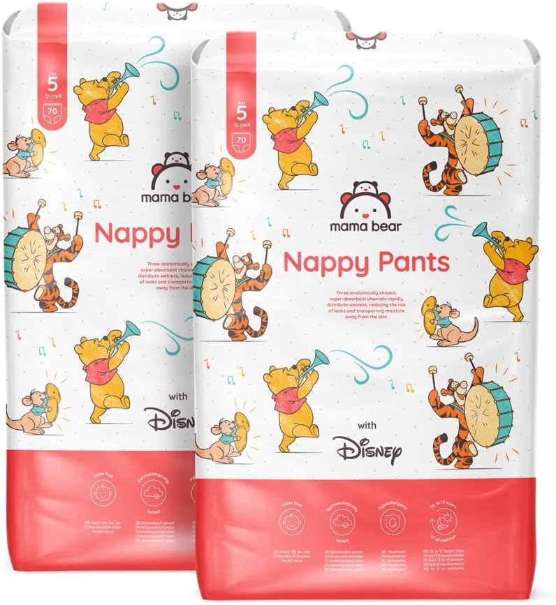 Amazon Brand - Mama Bear Disney Nappy Pants, Size 5 (12-17 kg), 140 Count (2 Packs of 70), White, Monthly Pack