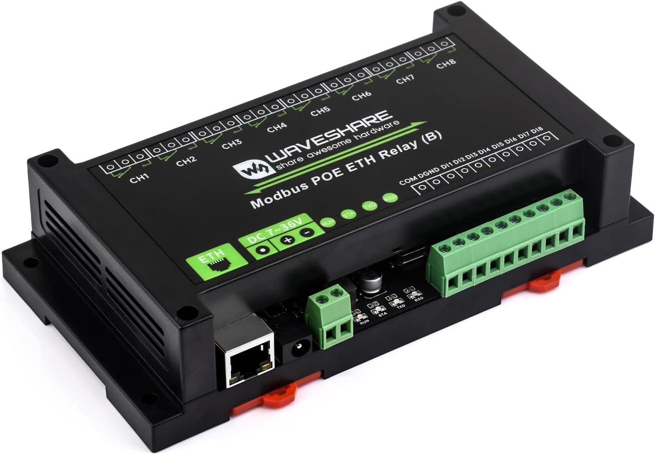 Waveshare 8-Ch Ethernet Relay Module (B) With Digital Input, Modbus RTU/Modbus TCP Protocol, PoE Port Communication, With Various Isolation And Protection Circuits, Industrial Grade Rail-Mount Case