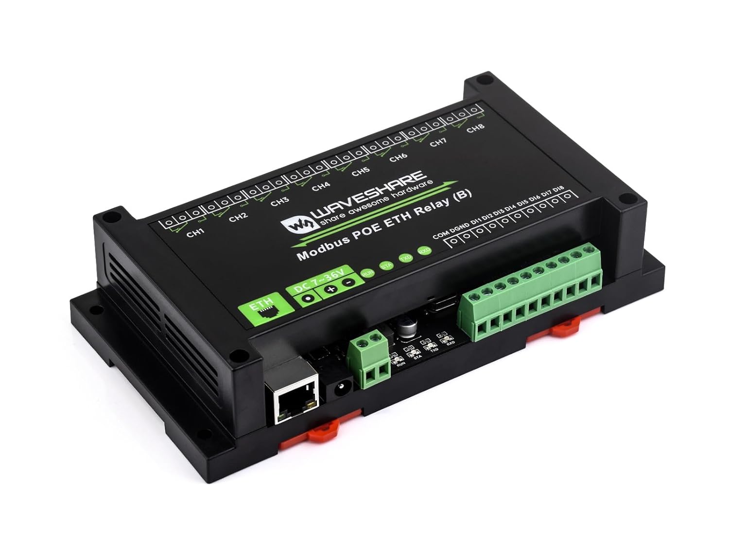 Waveshare 8-Ch Ethernet Relay Module (B) with Digital Input, Modbus RTU/Modbus TCP Protocol, PoE Port Communication, with Various Isolation and Protection Circuits, Industrial Grade Rail-Mount Case
