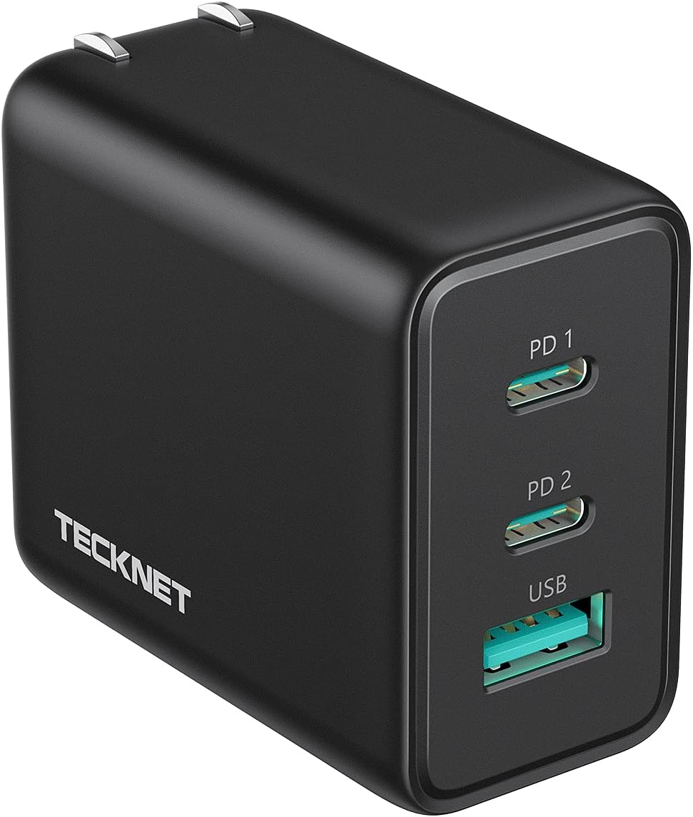 TECKNET USB C Charger 65W PD 3.0 GaN Type Foldable Adapter with 3-Port Fast Wall Compatible with iPhone 16 Pro Max/16 Plus/16 Pro/16/15/14, MacBook Pro, iPad Switch, Galaxy S24/S23