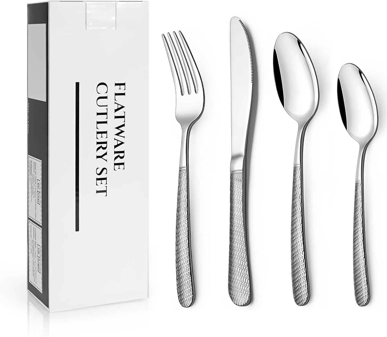Estmoon Hammered Cutlery Set, 32 Piece Stainless Steel Flatware Set, Silverware Set with Spoon Knife and Fork Set, Service for 8, Dishwasher Safe, Mirror Polished