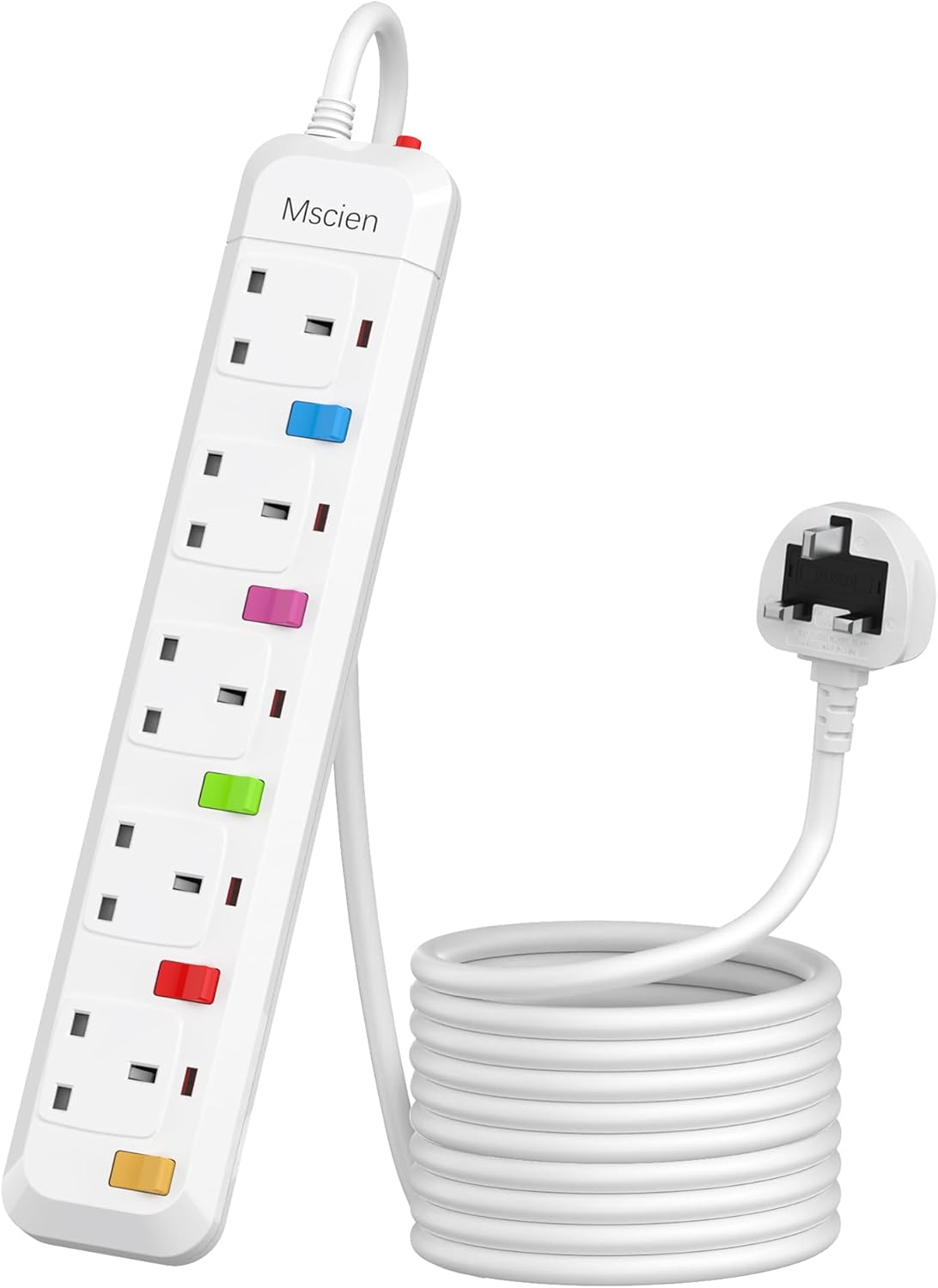 6M Long Extension Lead with Switches, Mscien 5 Way Extension Socket Surge Protected Overload Extension Cable, UK Power Strip Mountable with 6 Metre Extension Cord, 5 Gang Multi Plug