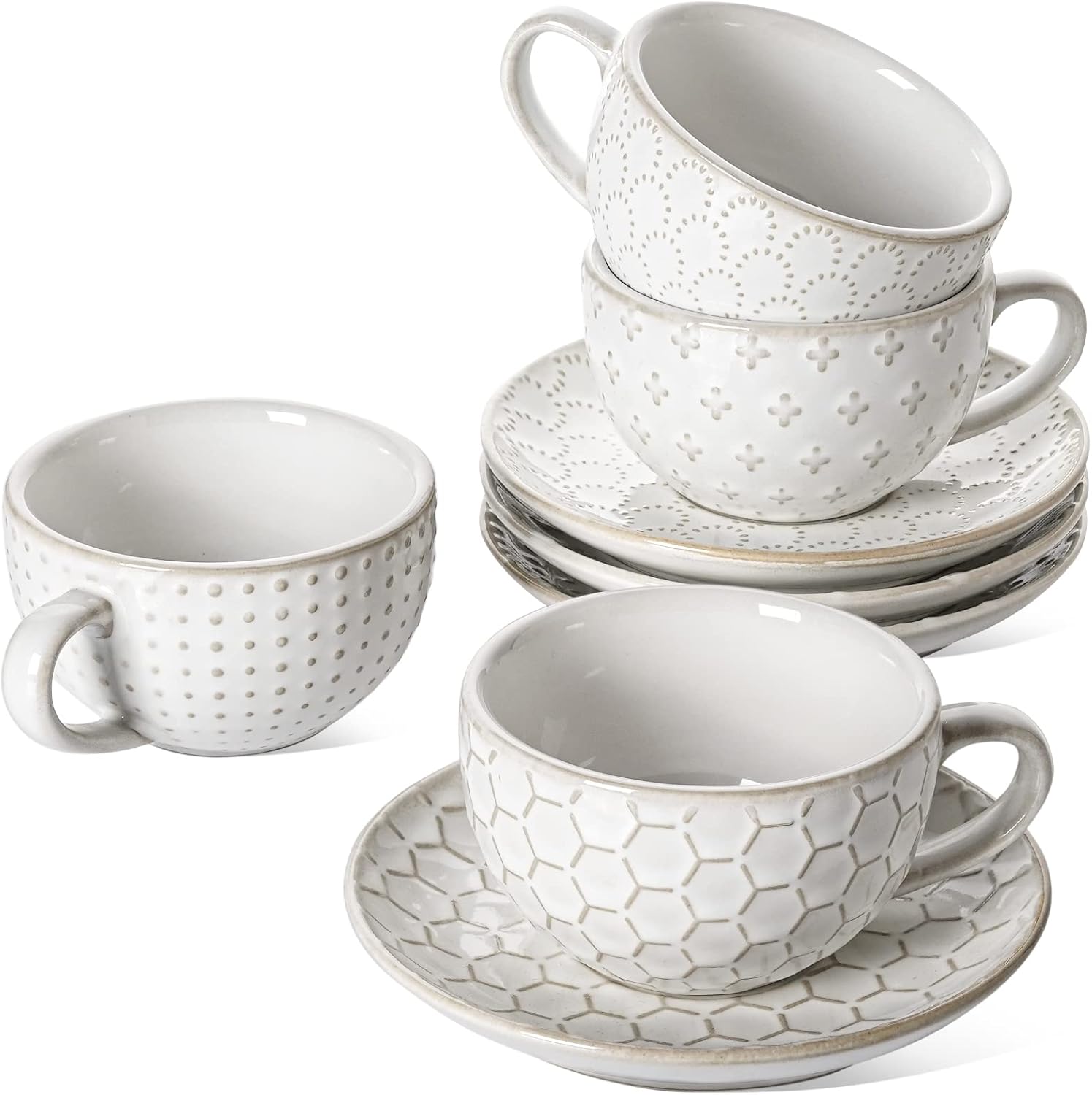 LE TAUCI 6 oz Cappuccino Cups with Saucers, Suit For House-warming, Ceramic Embossment Coffee Cup for Au Lait, Double shot, Latte, Cafe Mocha, Tea - Set of 4, Arctic white