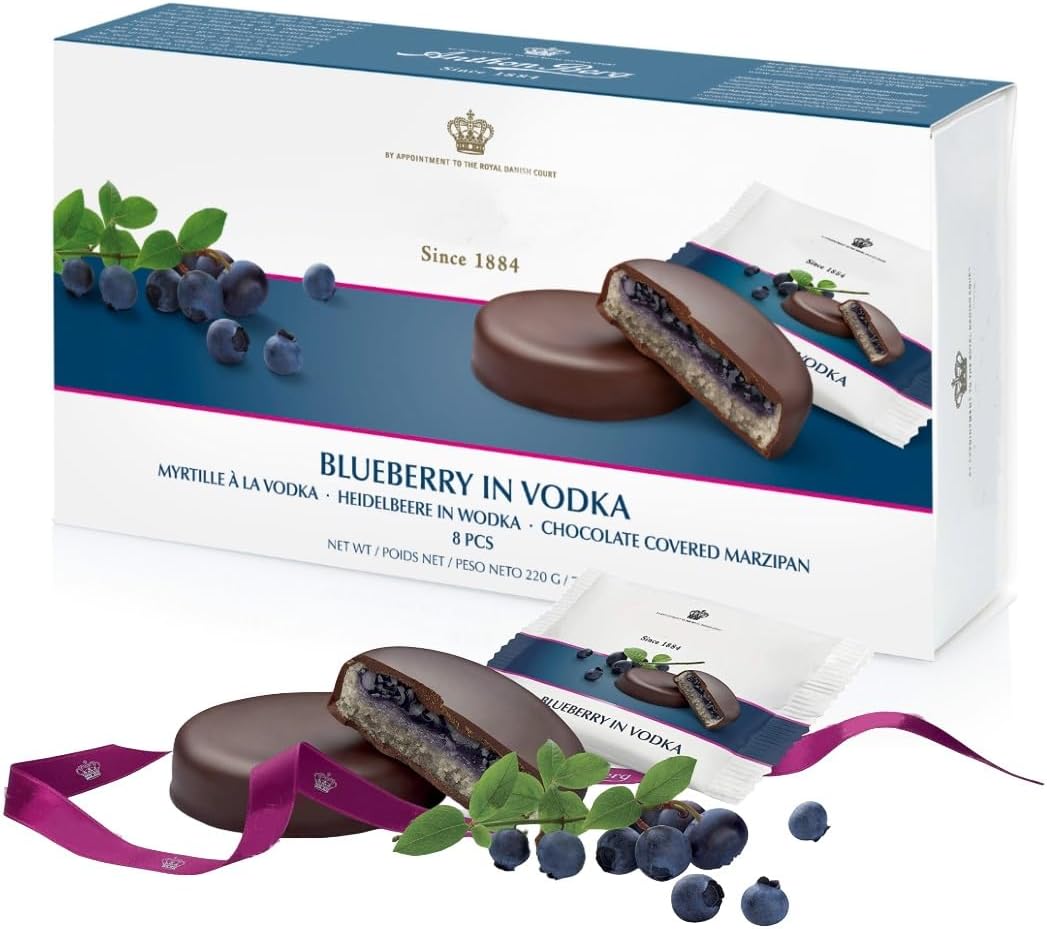 Marzipan Liqueur Chocolates Gift Box - Blueberry in Vodka Dark Chocolate Covered Marzipan 220g Chocolate Gift with Topline Card for Stocking Fillers, Secret Santa Gifts for Women, Birthday Gifts