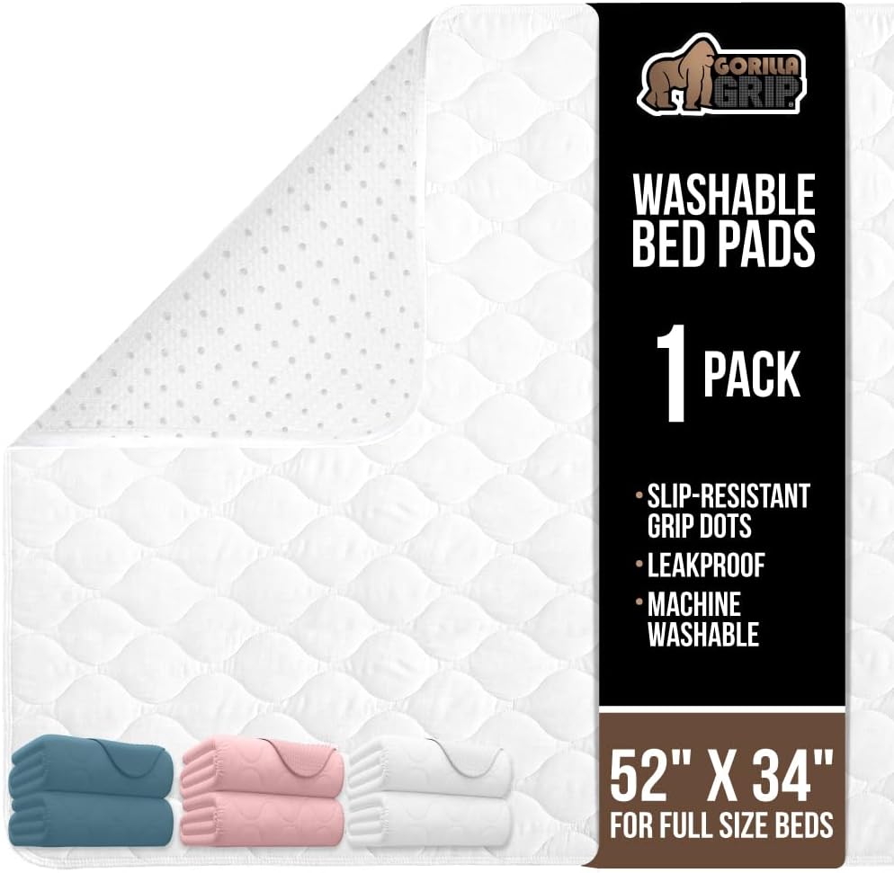 GORILLA GRIP Washable Underpads, Waterproof Reusable Heavy Absorbency Incontinence Bed Pads, Leak Proof Toddler Mattress Pad, 52x34 Slip Resistant Protector for Bedwetting, Adults and Kids, White