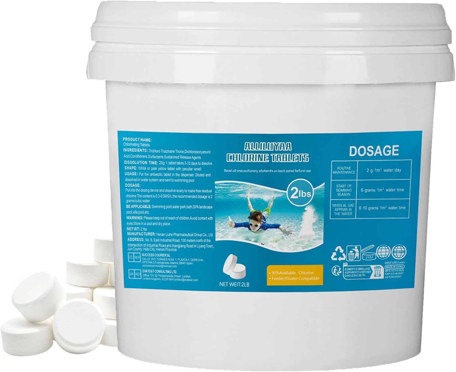 2LB Chlorine Tablets for Swimming Pool, Chlorine Tablets for 1 inch Tub, Suitable for Swimming Pools Spas and Hot Tubs Fountain, Water Park Bathtub, Multifunctional Pool Clean Tablets