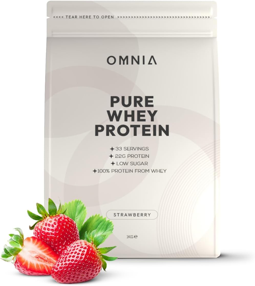 OMNIA Pure Whey Protein Powder, Nutrition Low Carbs and Low Sugar Muscle Building Powder, Over 22G Protein Per Serving - 33 Servings - 1 KG - Strawberry