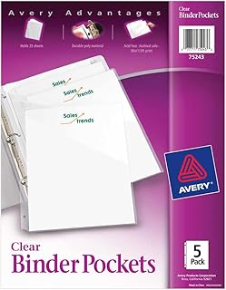 Avery Binder Pockets for 3 Ring Binders, Clear, for 8.5" x 11" Documents, Acid-Free and Archival-Safe, 5 Binder Folders Total (75243)