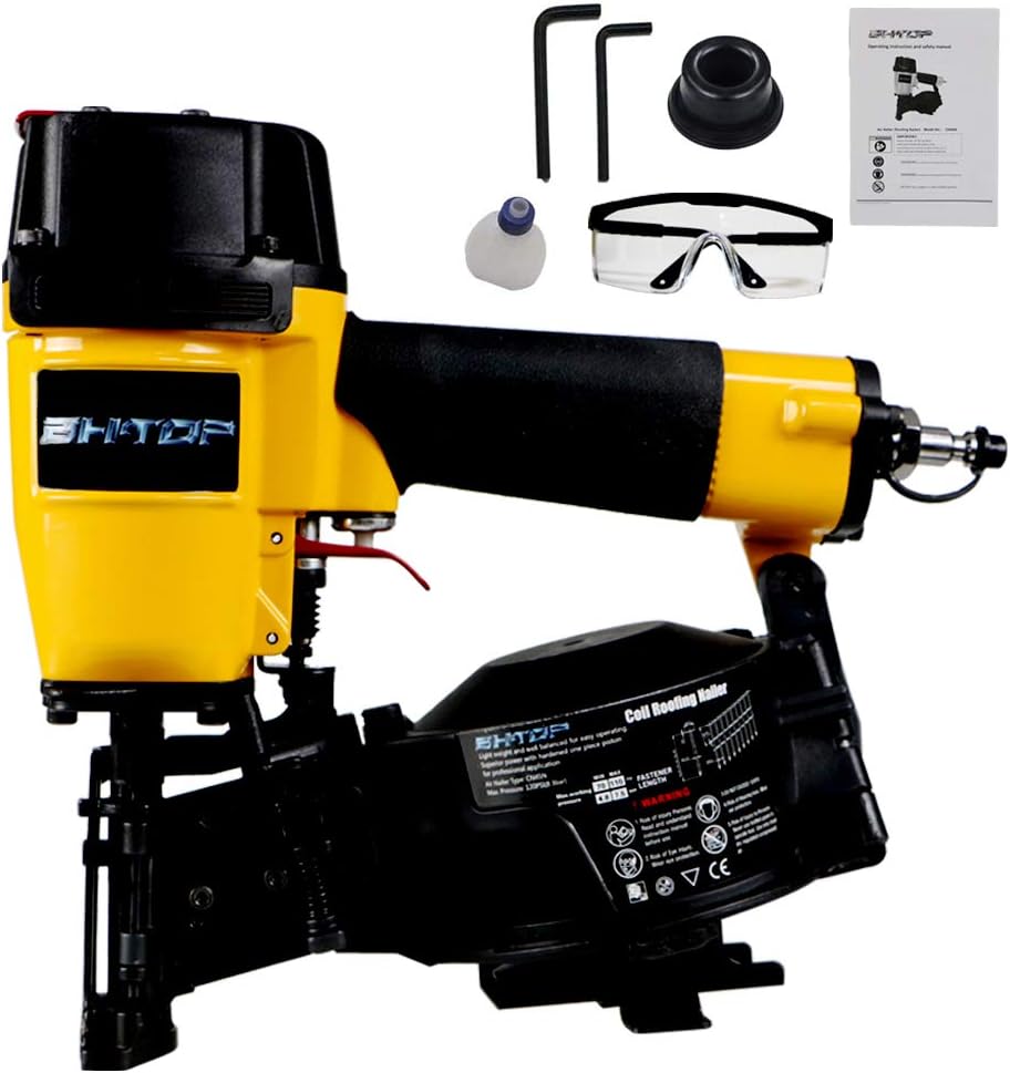 BHTOP CN45N Roofing Nailer, 15 Degree Roofing Nail Gun, 3/4-Inch to 1-3/4-Inch Coil Nails, 120-pcs Load Capacity Coil Nailer in Orange