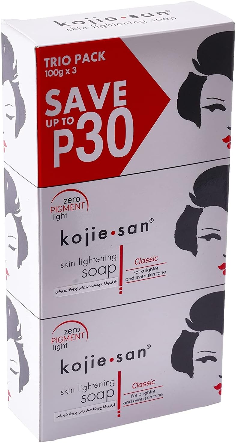Kojie San Skin Lightening Kojic Acid Soap 3 Bars - 100g Fades Age Spots, Freckles, and Other Signs of Sun Damage and Heals Acne Blemishes and Erases Red Marks and Scars by Kojie San