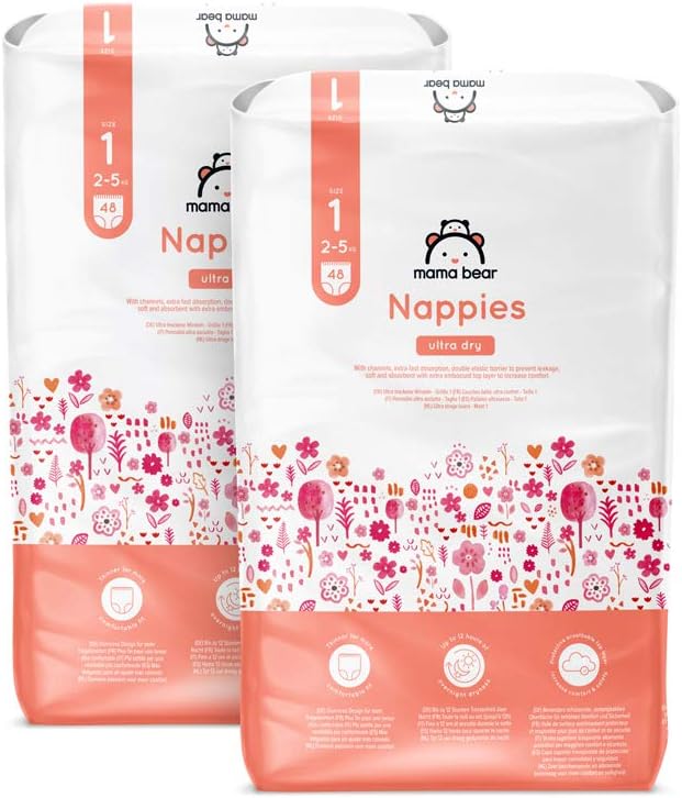 Amazon Brand - Mama Bear Ultra Dry Nappies, Size 1 (2-5 kg), 96 Count (2 Packs of 48), White, Monthly Pack