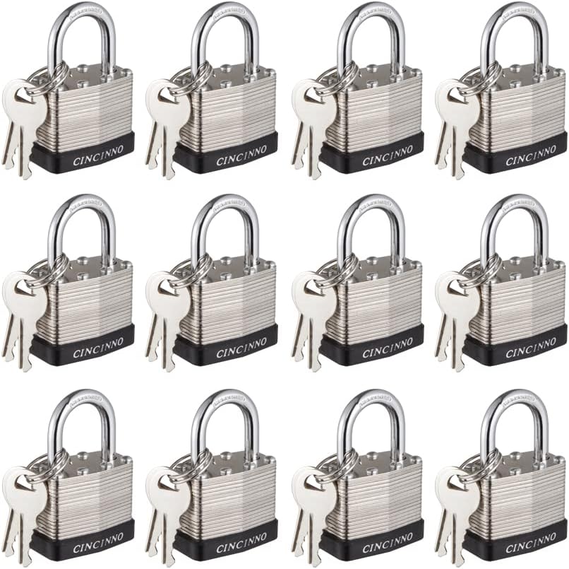 40mm Keyed Alike Nickel Plated Laminated Steel Padlock, 1-9/16" Wide Body 1-inch Shackle Padlocks with Keys Pack of 12