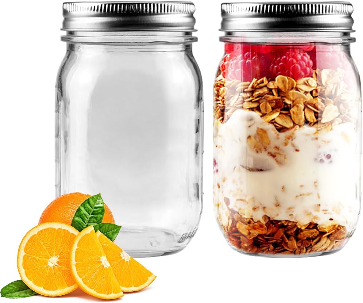 2 Pack Regular Mouth Mason Jars 16oz Glass Canning Jars with Airtight Lids for Preserving, Jam, Honey, Jelly, Wedding Favors, Sauces, Meal Prep, Overnight Oats, Salad
