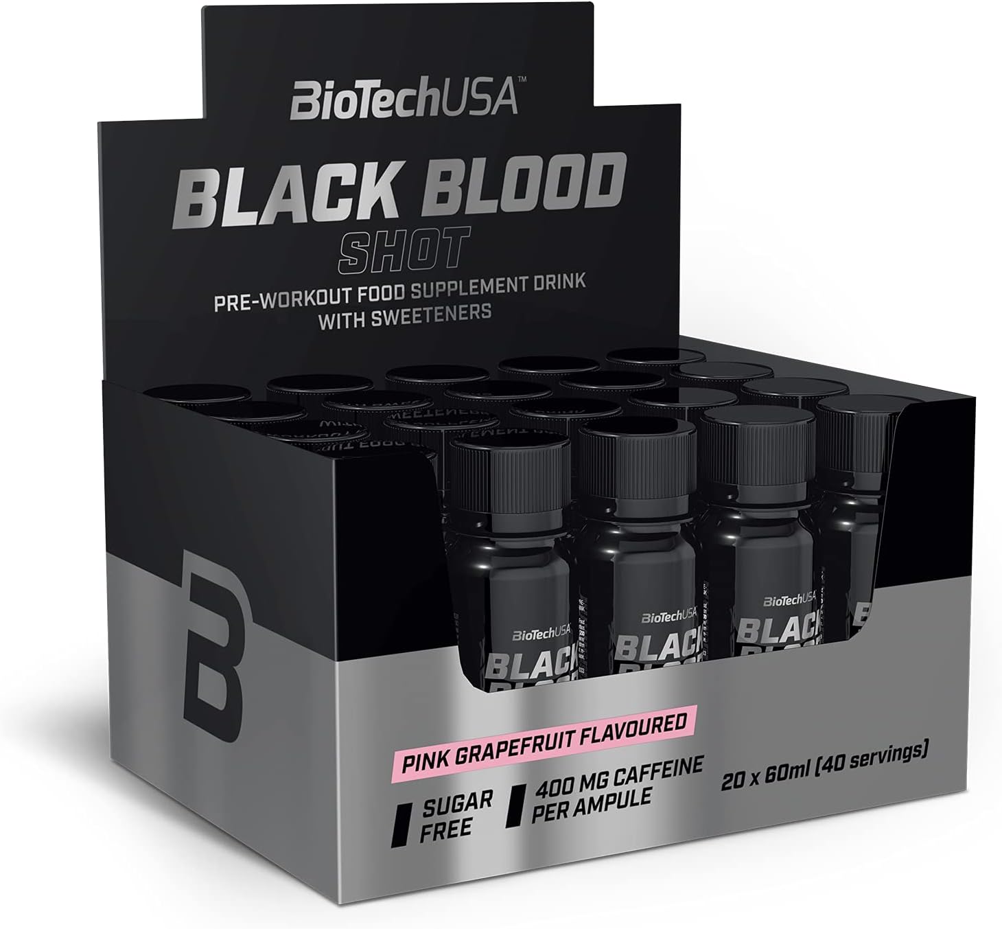 BioTechUSA Black Blood Shot | Sugar-Free Pre-Workout Formula | 5 Active Ingredients | 400mg Caffeine | Ready to Drink Ampules | 20 * 60 ml | Pink Grapefruit
