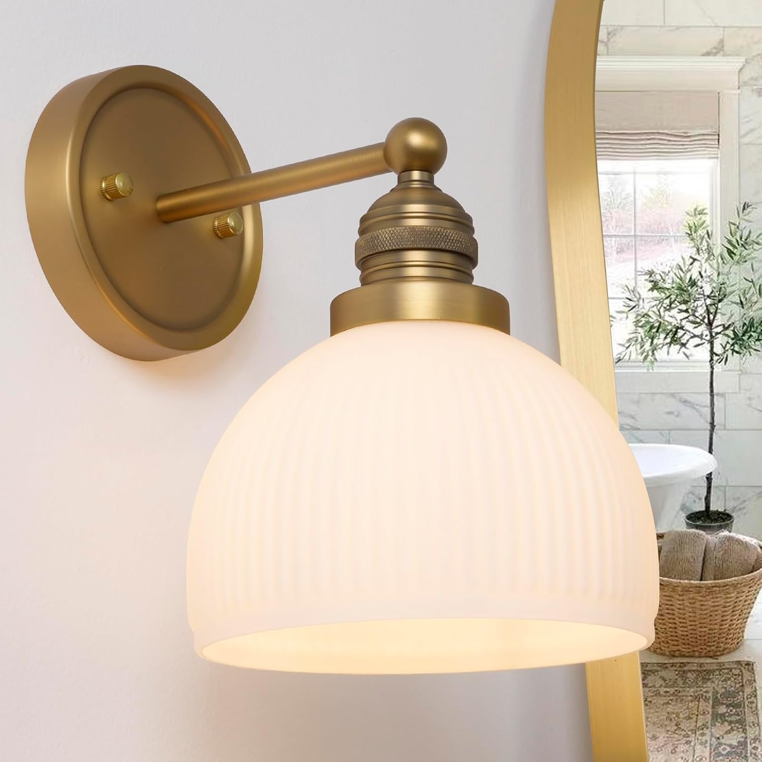 Brass Gold Wall Sconces Vintage Bathroom Vanity Light Fixtures with Frosted Milk Glass Hardwire Sconce Wall Lighting for Bathroom Mirror Living Room Kitchen Hallway E27
