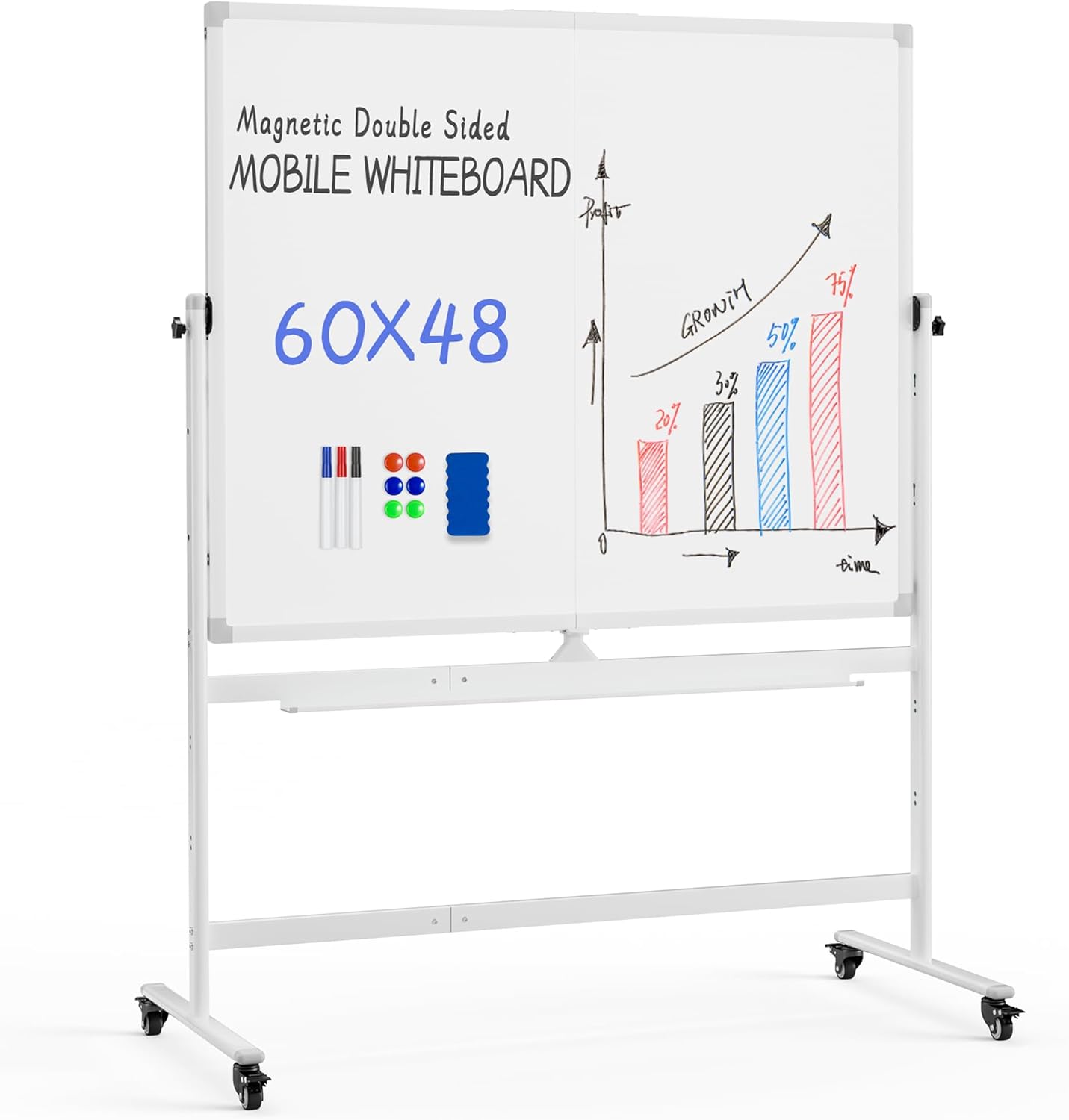 Rolling Whiteboard, 60"x48" White Board with Stands Movable Dry Erase Board on Wheels, Large Double Sided Standing Whiteboard for Office School Classroom Presentation Supplies, Pearl White