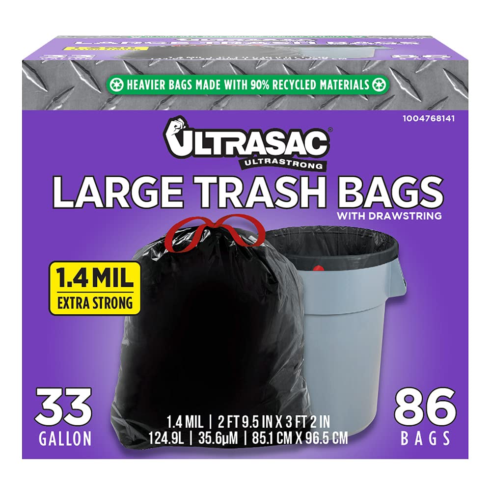 Ultrasac Black Heavy Duty Drawstring Trash Bags 33 Gallon, Pack of 86
