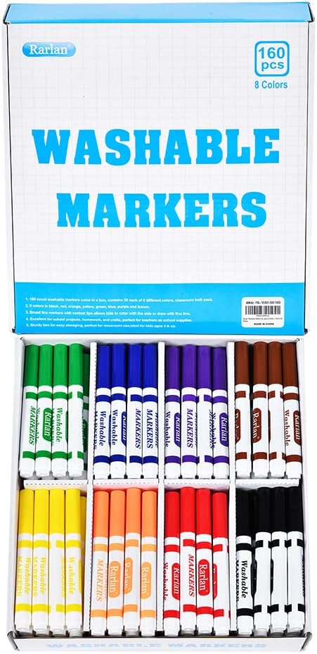 Rarlan Washable Markers Bulk, Markers for Kids, Bulk pack, 8 Colors, 160 Count