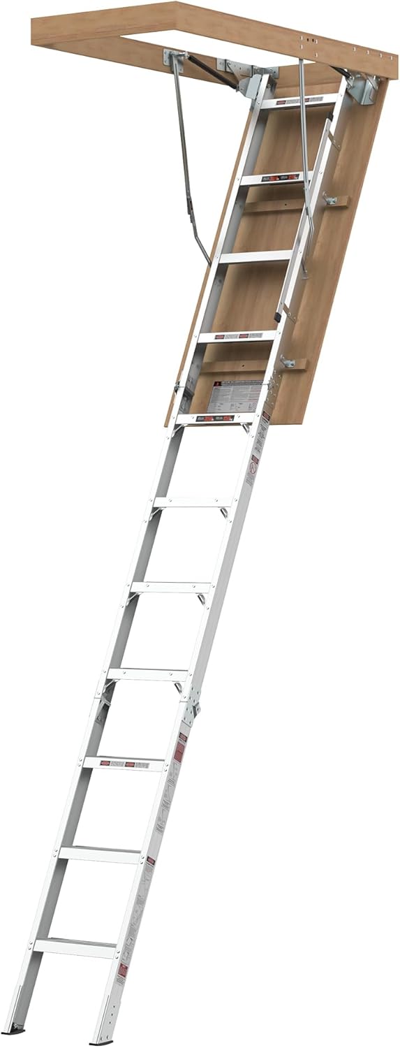 10-Foot Aluminium Attic Ladder, Attic Ladder Pull Down System for 54" W x 22.5" H Opening, Pull Down Attic Ladders with Non-Slip Foot Mats, Fits 7'8" to 10'3" Ceiling Heights, 375-Pound Load Capacity