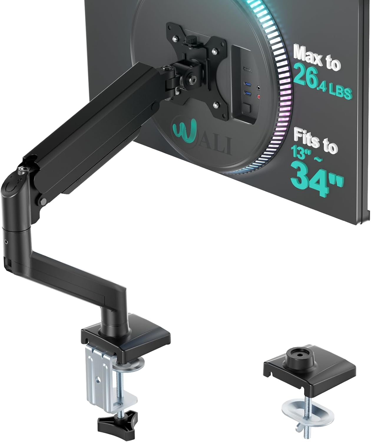 WALI Single Monitor Arm for 13-34 inch Screens (GSMP001N), Black | Holds up to 12 kg, Ergonomic, Adjustable Arm with Tilt Swivel Rotation, Space Saving, VESA 75/100mm, C-Clamp/Grommet Base