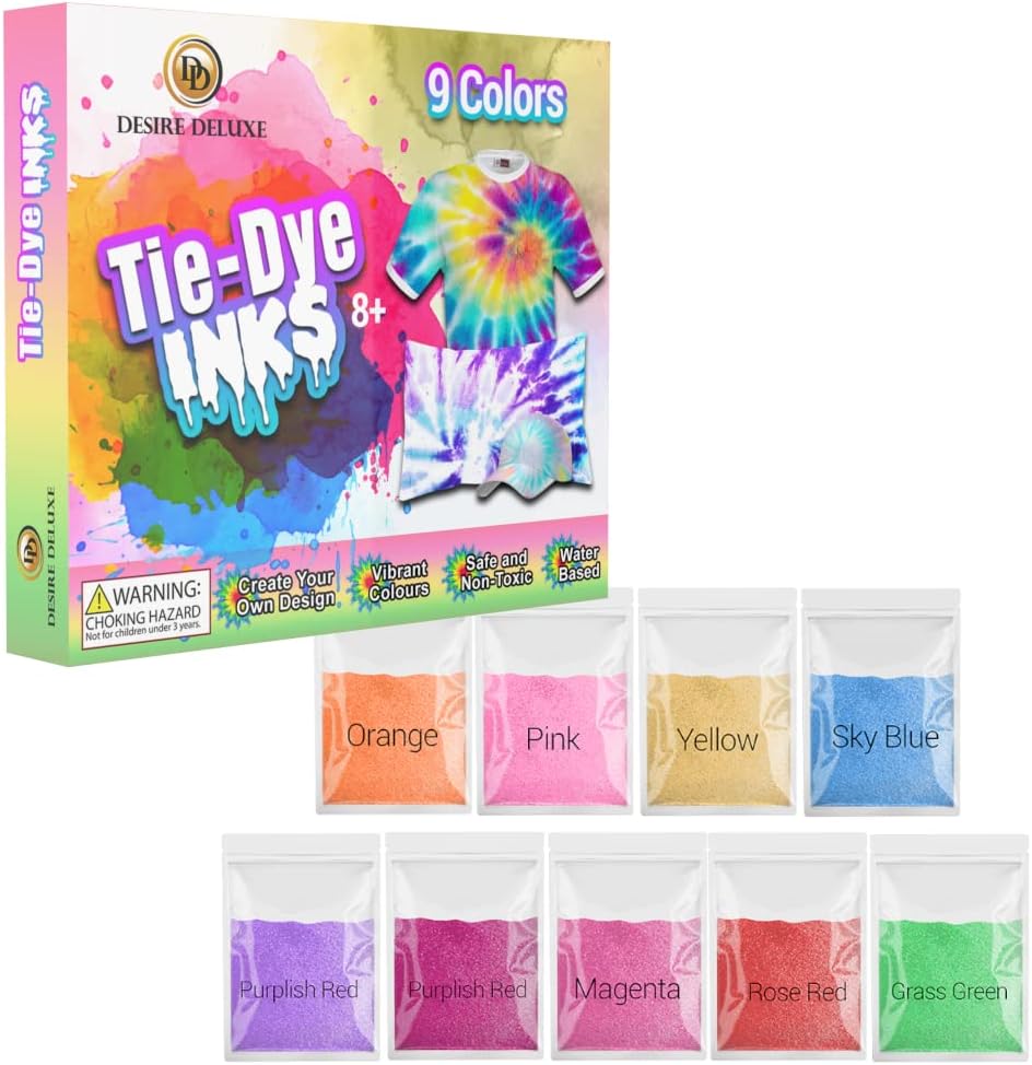 Desire Deluxe Tie Dye Ink – Set of 5/9/18 Paint Colours Ink for Dyeing Fabric, Clothes – Creative Art Craft Tie-Dye Games Activity for Adults & Kids (9 Colours Set)